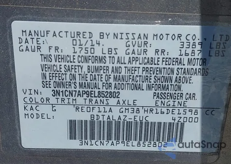 2014 Nissan Versa 1.6 S+ z USA, uszkodzony, nr VIN 3N1CN7AP9EL852802